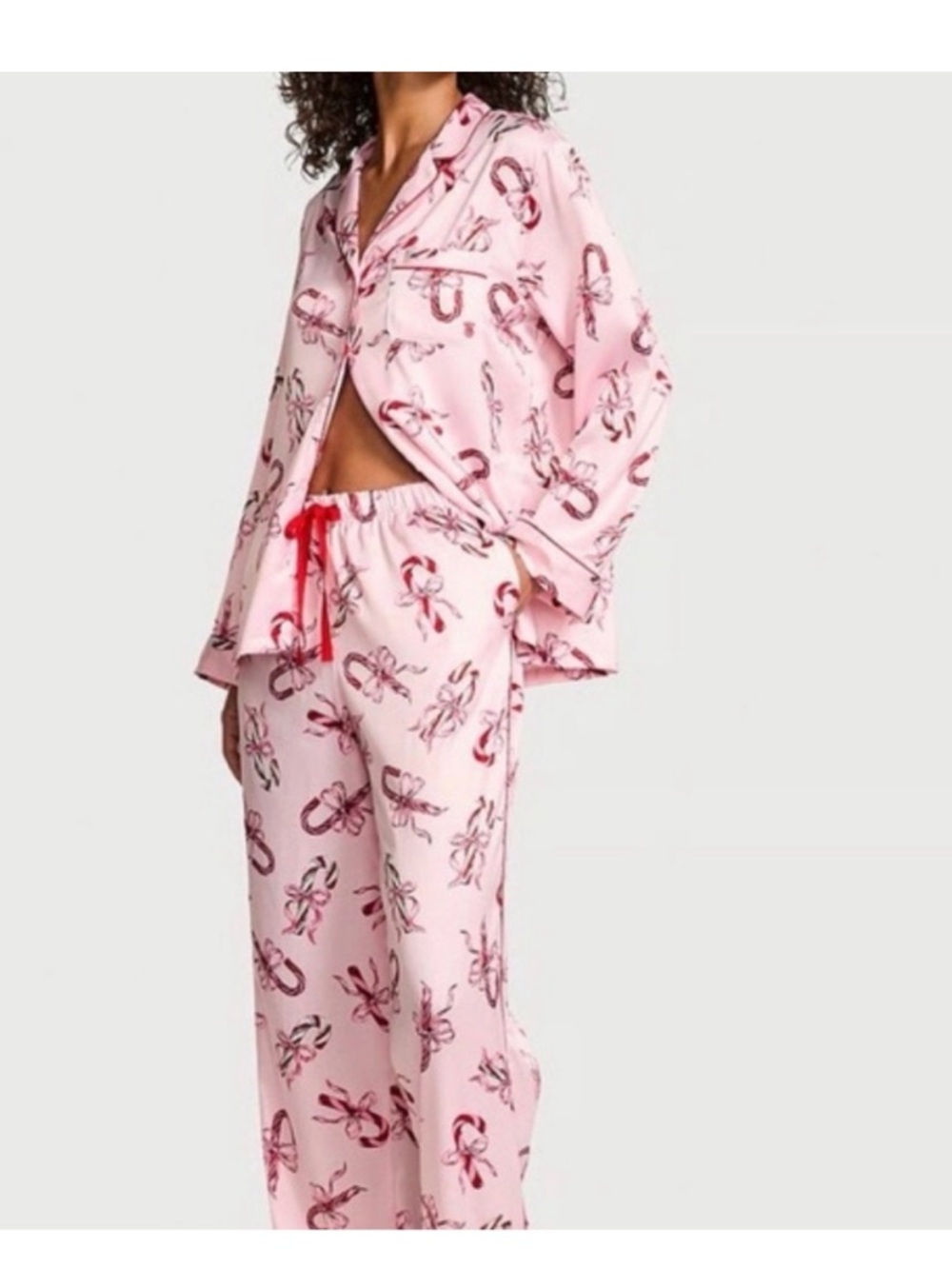 NWT: Victoria's Secret Pink Candy Cane Print Pajama Set size large